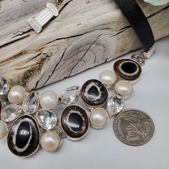 Natural Ocean Fossil Jewelry Designer Necklace Silver Leather Genuine Stone - Picture 8 of 14